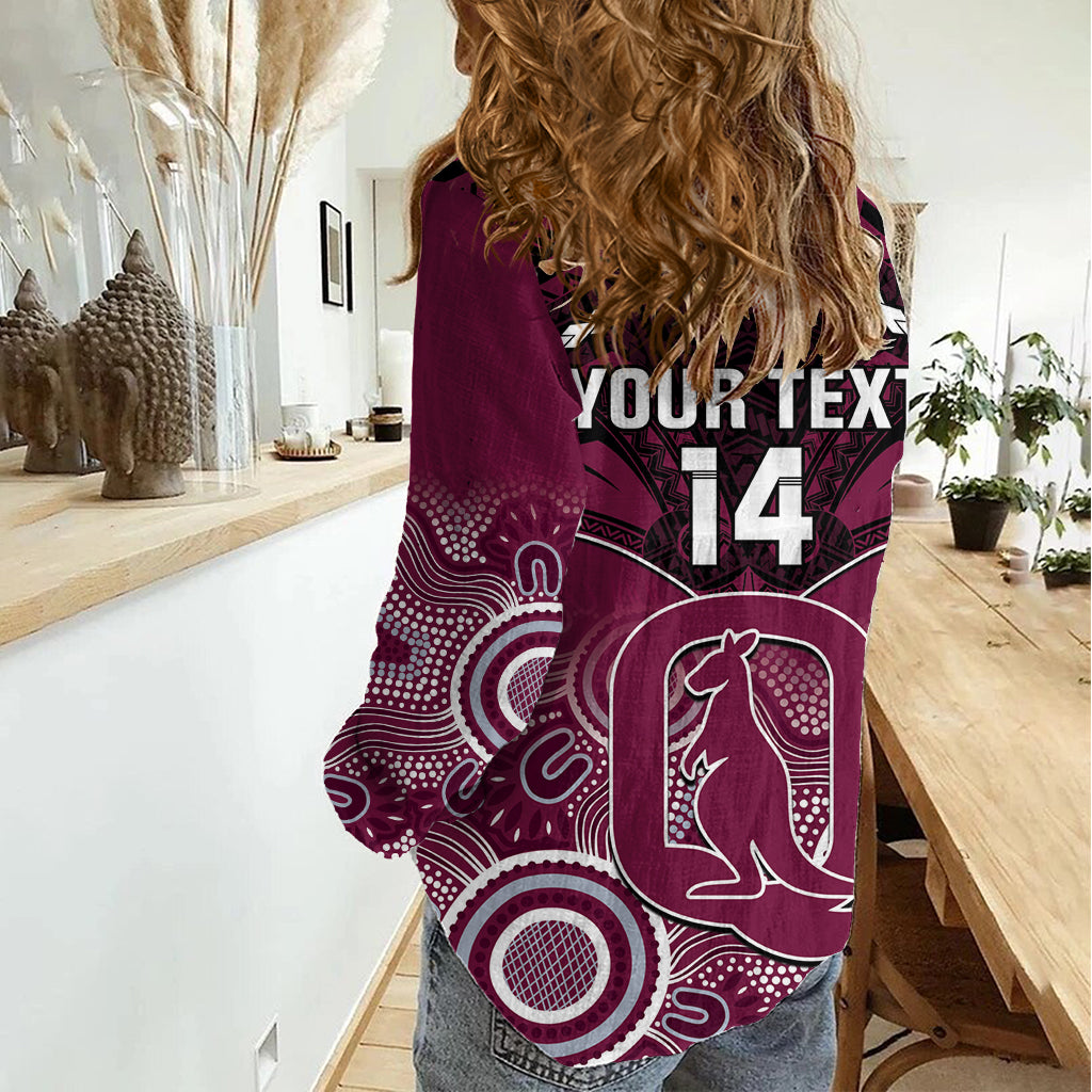 Custom QLD Maroons Rugby Women Casual Shirt Aboriginal Mix Polynesian Pattern