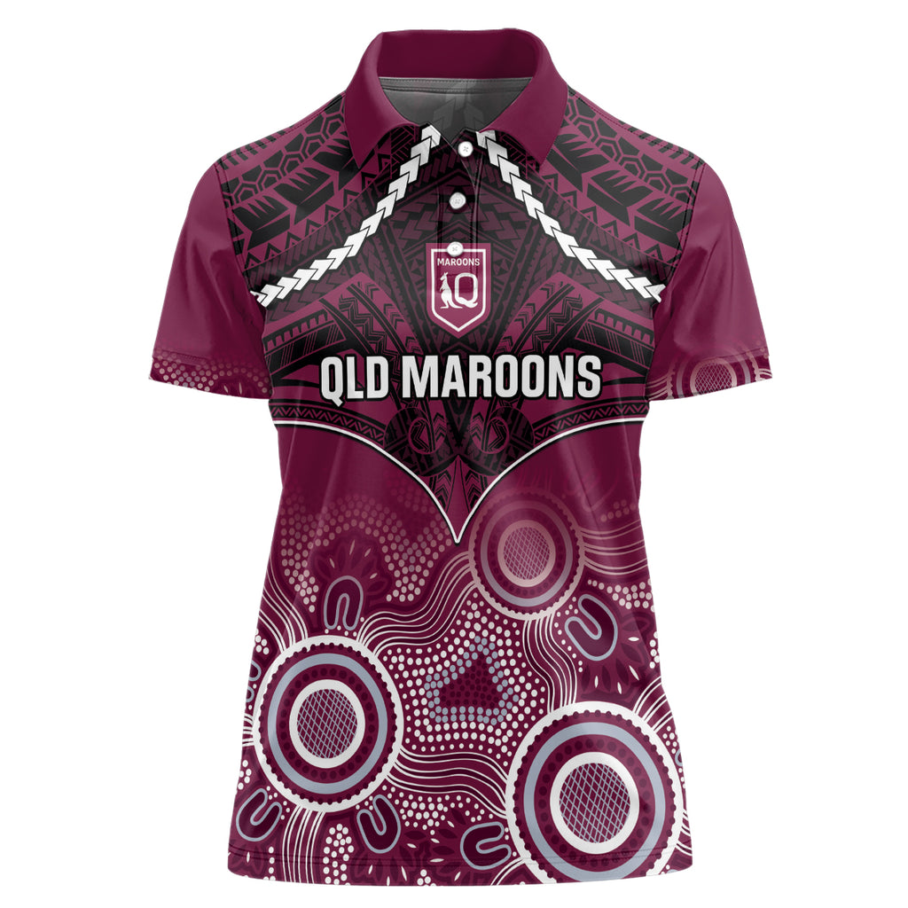 Custom QLD Maroons Rugby Women Polo Shirt Aboriginal Mix Polynesian Pattern