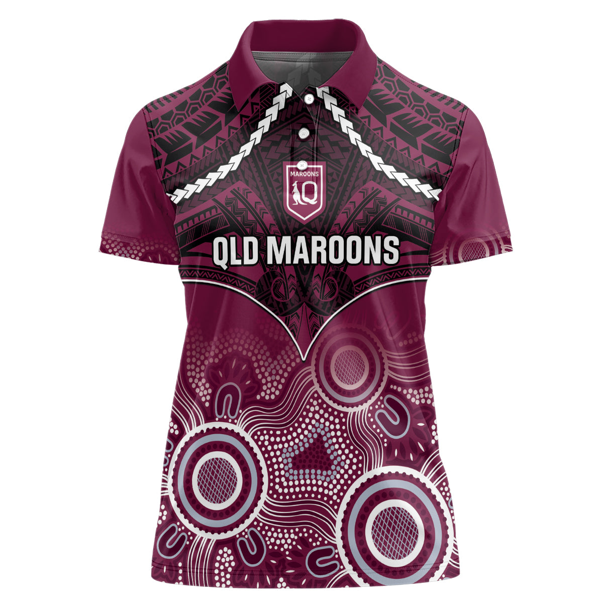 Custom QLD Maroons Rugby Women Polo Shirt Aboriginal Mix Polynesian Pattern