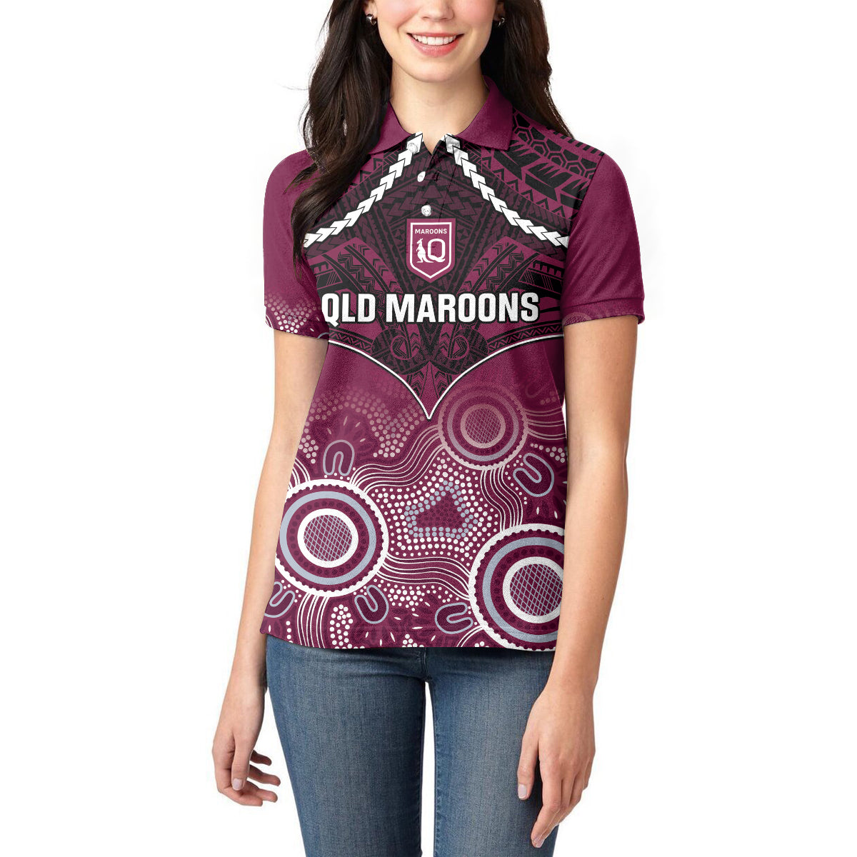 Custom QLD Maroons Rugby Women Polo Shirt Aboriginal Mix Polynesian Pattern