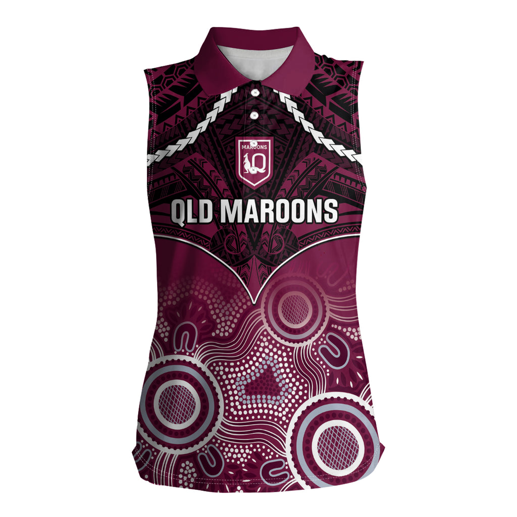 Custom QLD Maroons Rugby Women Sleeveless Polo Shirt Aboriginal Mix Polynesian Pattern