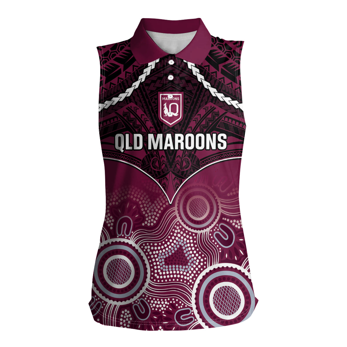 Custom QLD Maroons Rugby Women Sleeveless Polo Shirt Aboriginal Mix Polynesian Pattern