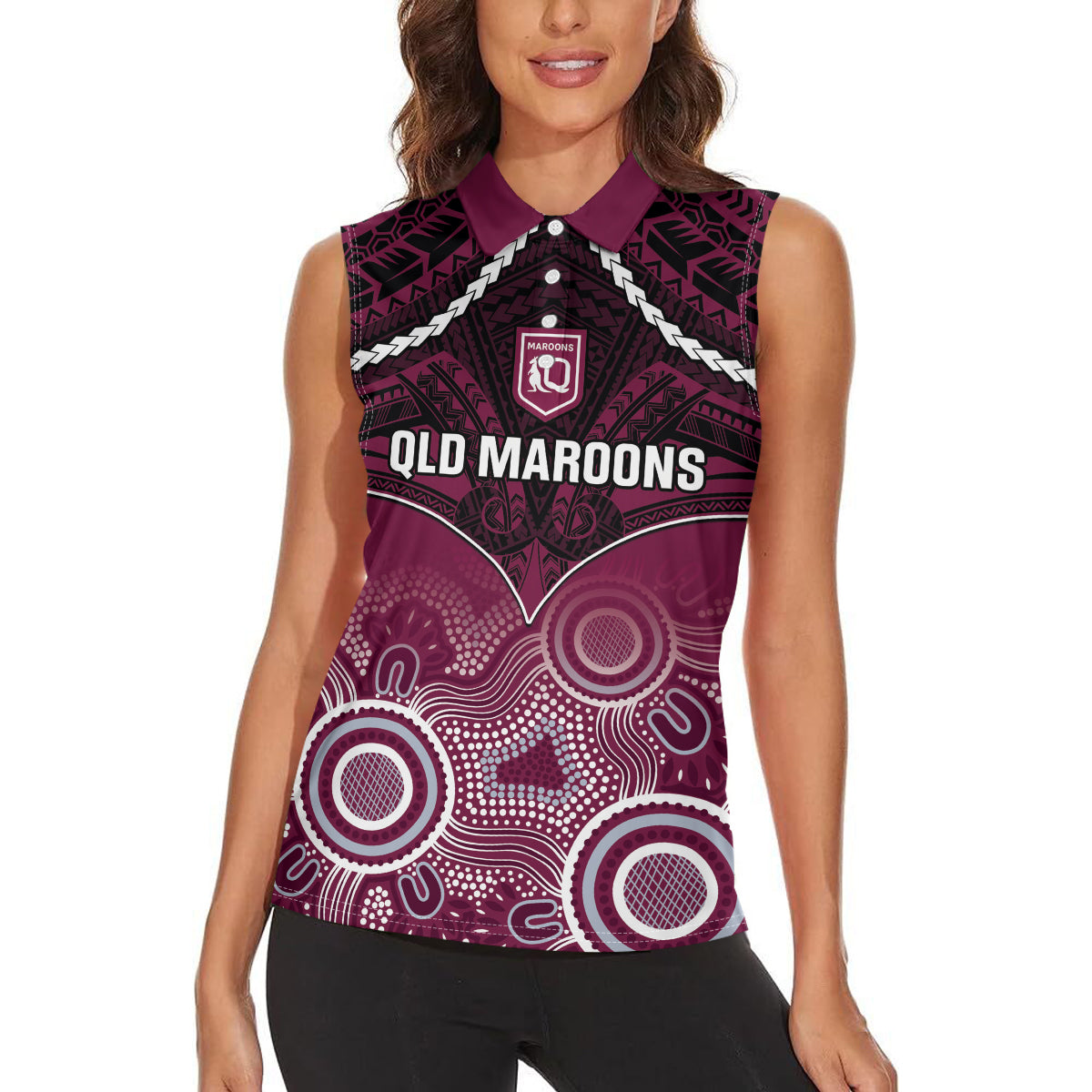 Custom QLD Maroons Rugby Women Sleeveless Polo Shirt Aboriginal Mix Polynesian Pattern