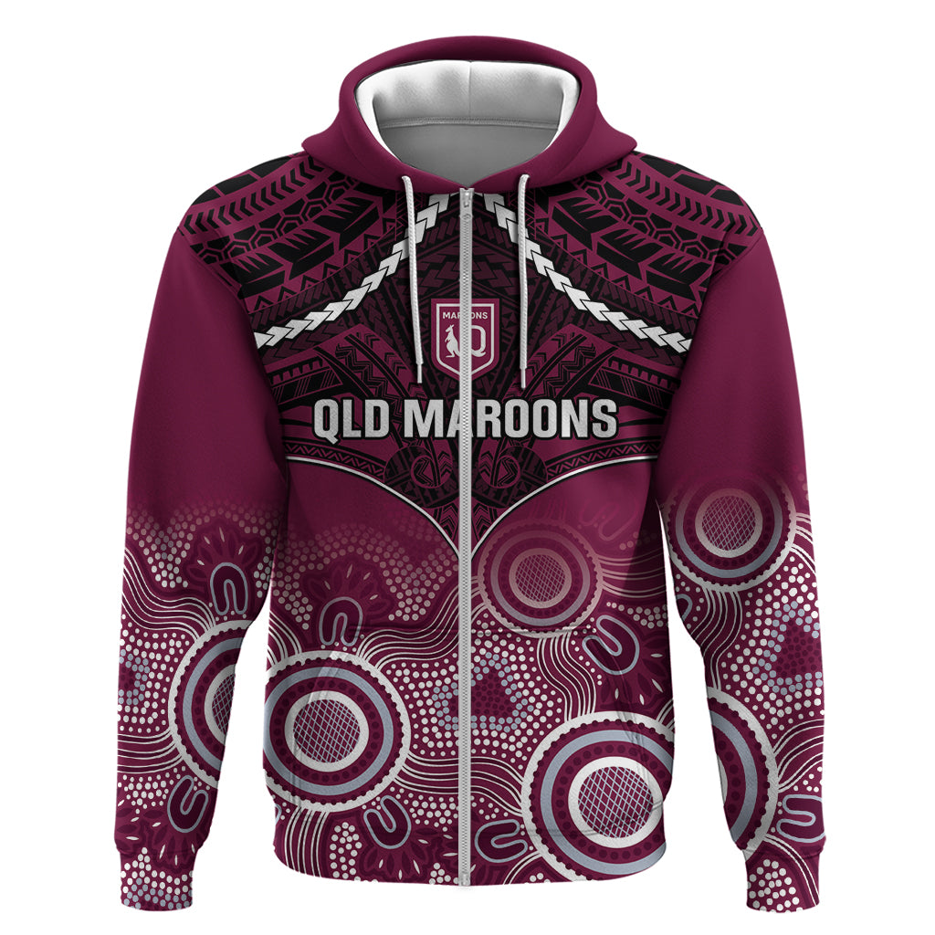 Custom QLD Maroons Rugby Zip Hoodie Aboriginal Mix Polynesian Pattern
