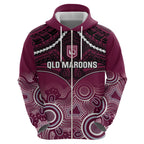 Custom QLD Maroons Rugby Zip Hoodie Aboriginal Mix Polynesian Pattern