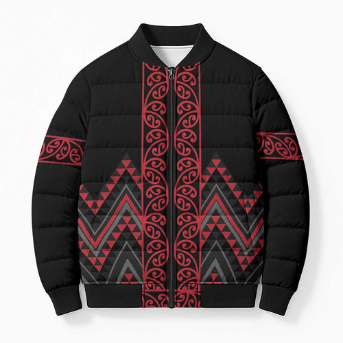 Red Aotearoa Mangopare Kowhaiwhai Niho Taniwha Bomber Puffer Jacket Maori New Zealand - Aussie Hoodie