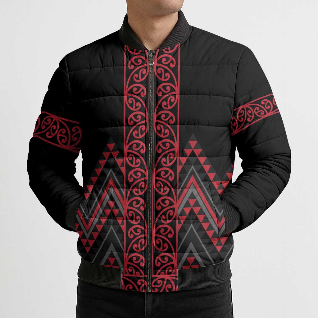 Red Aotearoa Mangopare Kowhaiwhai Niho Taniwha Bomber Puffer Jacket Maori New Zealand - Aussie Hoodie