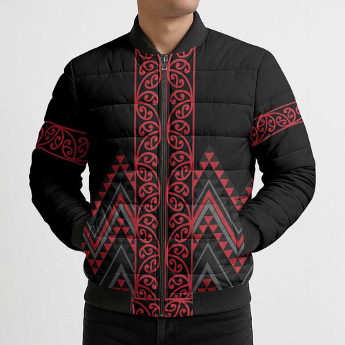 Red Aotearoa Mangopare Kowhaiwhai Niho Taniwha Bomber Puffer Jacket Maori New Zealand - Aussie Hoodie