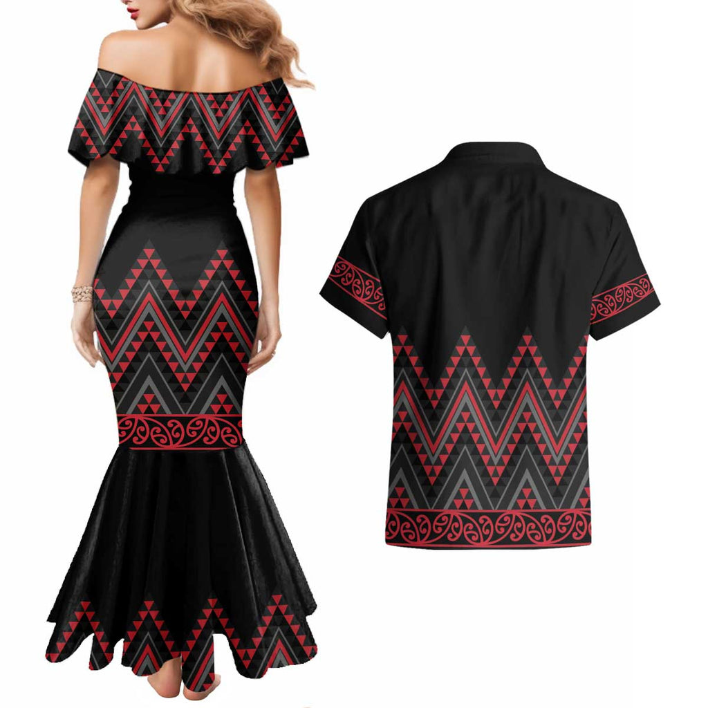 Red Aotearoa Mangopare Kowhaiwhai and Niho Taniwha Couples Matching Mermaid Dress and Hawaiian Shirt Maori New Zealand