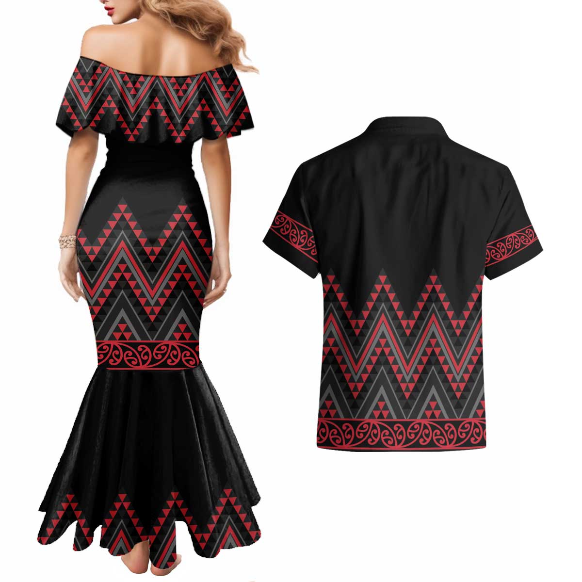 Red Aotearoa Mangopare Kowhaiwhai and Niho Taniwha Couples Matching Mermaid Dress and Hawaiian Shirt Maori New Zealand