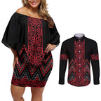 Red Aotearoa Mangopare Kowhaiwhai and Niho Taniwha Couples Matching Off Shoulder Short Dress and Long Sleeve Button Shirt Maori New Zealand