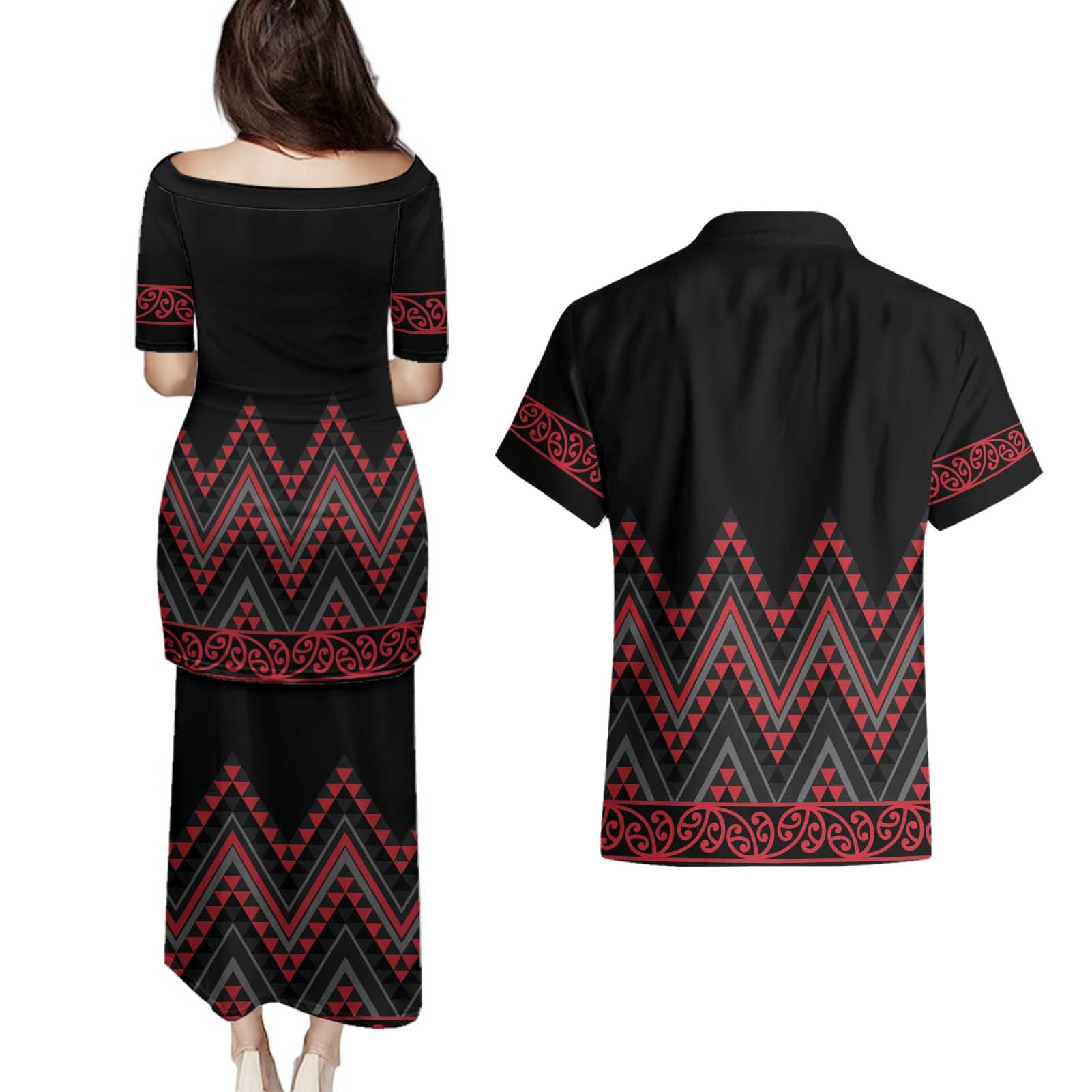 Red Aotearoa Mangopare Kowhaiwhai and Niho Taniwha Couples Matching Puletasi and Hawaiian Shirt Maori New Zealand