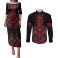 Red Aotearoa Mangopare Kowhaiwhai and Niho Taniwha Couples Matching Puletasi and Long Sleeve Button Shirt Maori New Zealand