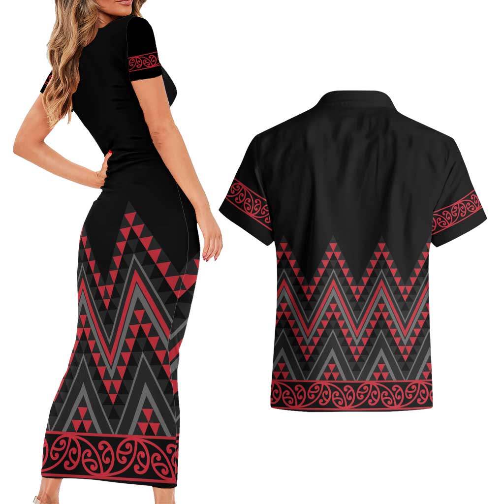 Red Aotearoa Mangopare Kowhaiwhai and Niho Taniwha Couples Matching Short Sleeve Bodycon Dress and Hawaiian Shirt Maori New Zealand