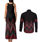 Red Aotearoa Mangopare Kowhaiwhai and Niho Taniwha Couples Matching Tank Maxi Dress and Long Sleeve Button Shirt Maori New Zealand