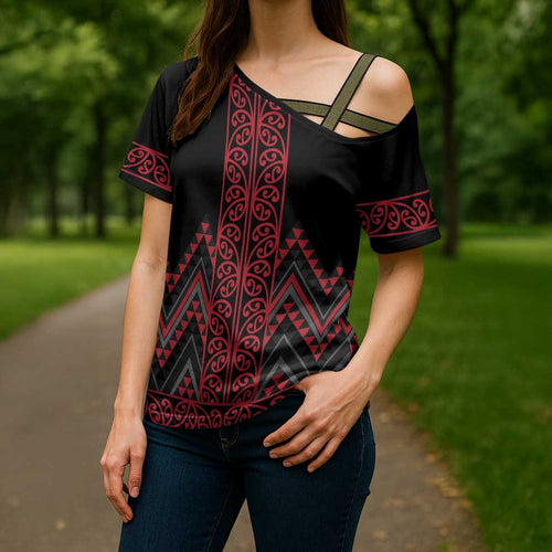 Red Aotearoa Mangopare Kowhaiwhai Niho Taniwha Cross Shoulder Shirt Maori New Zealand - Aussie Hoodie