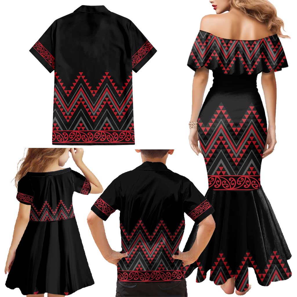 Red Aotearoa Mangopare Kowhaiwhai and Niho Taniwha Family Matching Mermaid Dress and Hawaiian Shirt Maori New Zealand