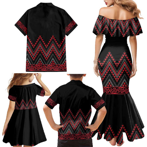 Red Aotearoa Mangopare Kowhaiwhai and Niho Taniwha Family Matching Mermaid Dress and Hawaiian Shirt Maori New Zealand