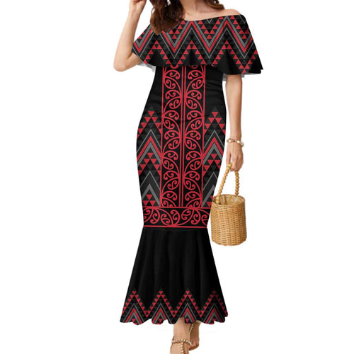 Red Aotearoa Mangopare Kowhaiwhai and Niho Taniwha Family Matching Mermaid Dress and Hawaiian Shirt Maori New Zealand