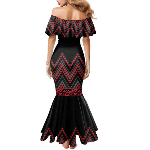 Red Aotearoa Mangopare Kowhaiwhai and Niho Taniwha Family Matching Mermaid Dress and Hawaiian Shirt Maori New Zealand