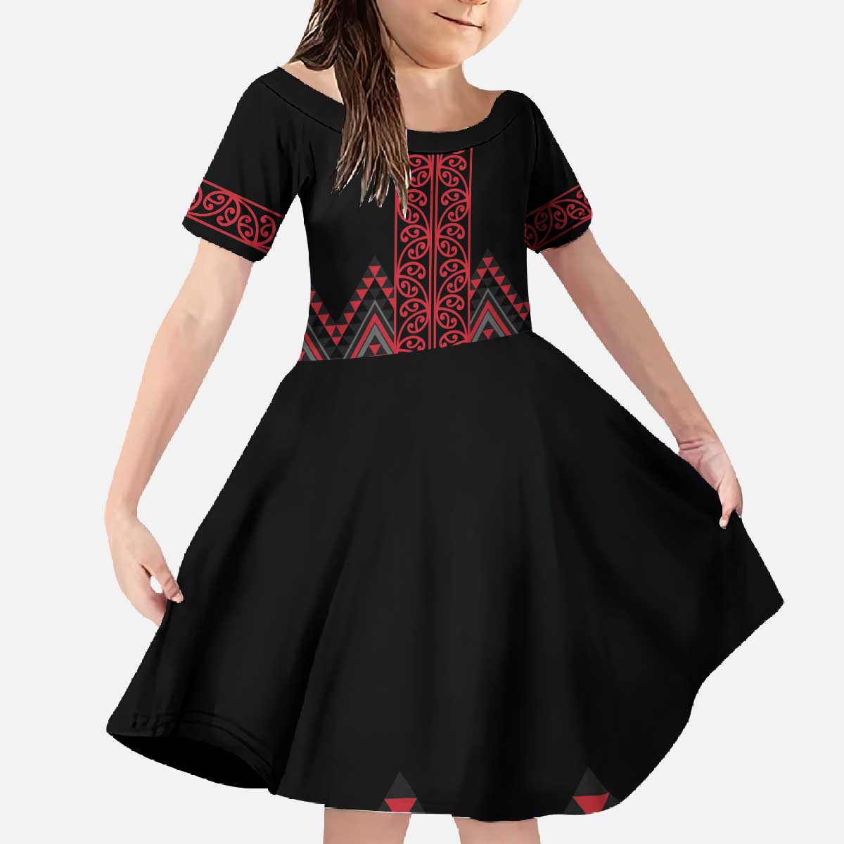 Red Aotearoa Mangopare Kowhaiwhai and Niho Taniwha Family Matching Off The Shoulder Long Sleeve Dress and Hawaiian Shirt Maori New Zealand