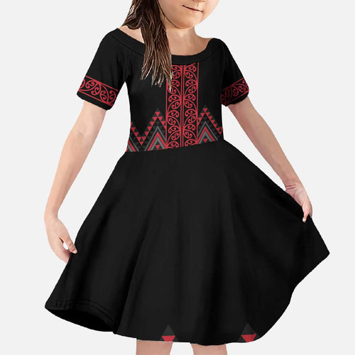Red Aotearoa Mangopare Kowhaiwhai and Niho Taniwha Family Matching Off The Shoulder Long Sleeve Dress and Hawaiian Shirt Maori New Zealand