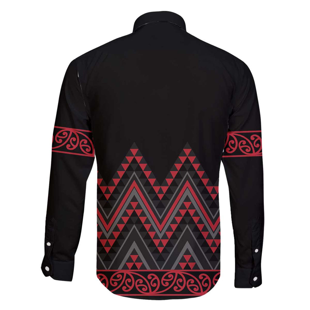 Red Aotearoa Mangopare Kowhaiwhai and Niho Taniwha Family Matching Off The Shoulder Long Sleeve Dress and Hawaiian Shirt Maori New Zealand