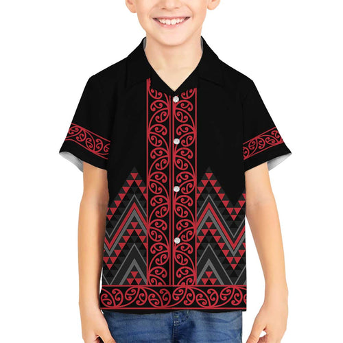 Red Aotearoa Mangopare Kowhaiwhai and Niho Taniwha Family Matching Off The Shoulder Long Sleeve Dress and Hawaiian Shirt Maori New Zealand