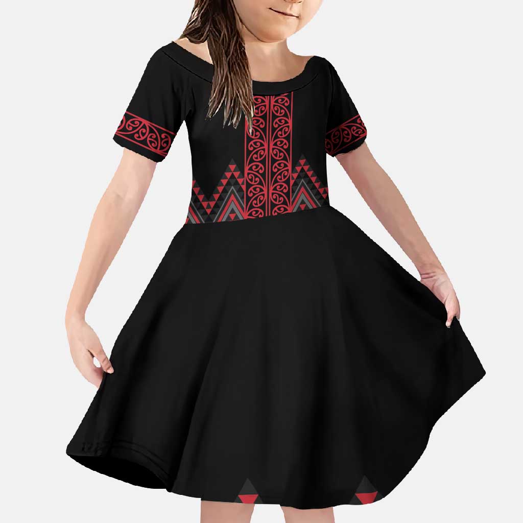 Red Aotearoa Mangopare Kowhaiwhai and Niho Taniwha Family Matching Off Shoulder Maxi Dress and Hawaiian Shirt Maori New Zealand