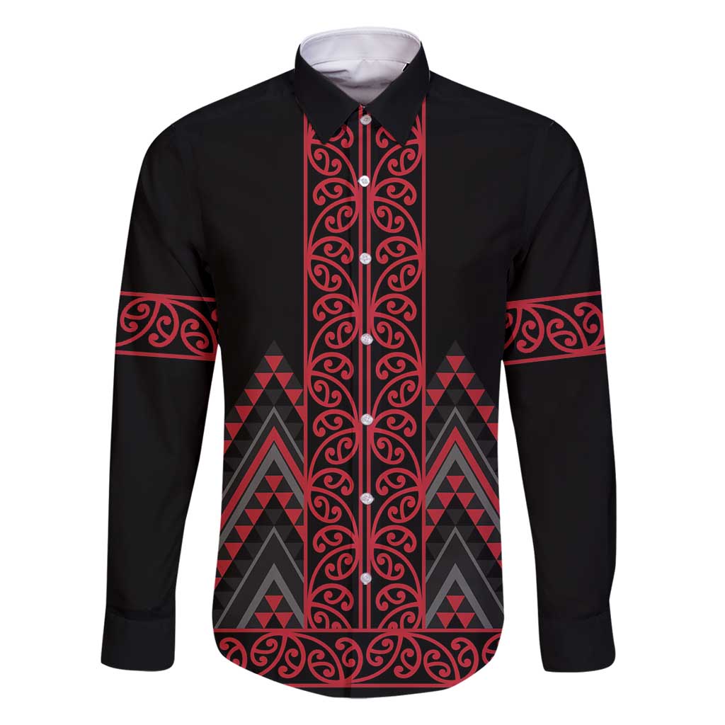 Red Aotearoa Mangopare Kowhaiwhai and Niho Taniwha Family Matching Off Shoulder Maxi Dress and Hawaiian Shirt Maori New Zealand