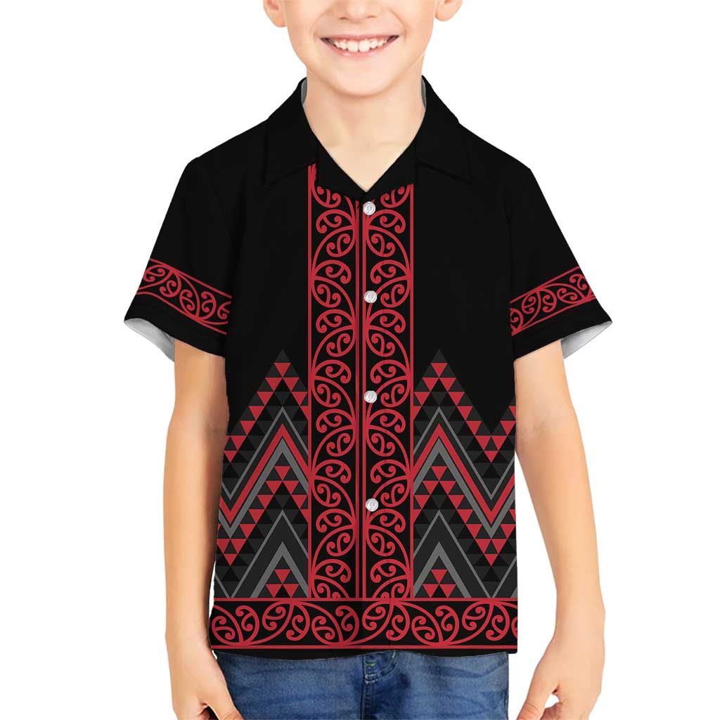 Red Aotearoa Mangopare Kowhaiwhai and Niho Taniwha Family Matching Off Shoulder Maxi Dress and Hawaiian Shirt Maori New Zealand