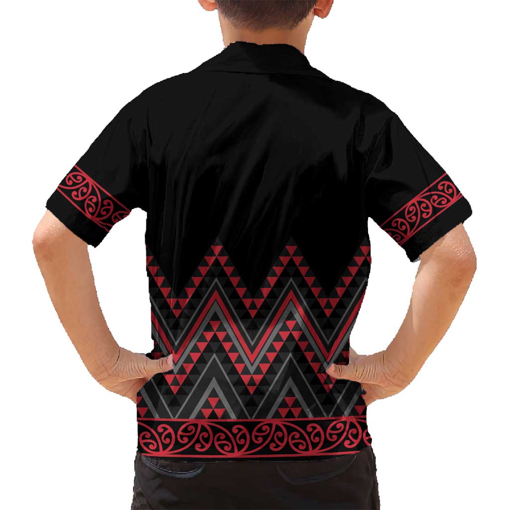 Red Aotearoa Mangopare Kowhaiwhai and Niho Taniwha Family Matching Off Shoulder Short Dress and Hawaiian Shirt Maori New Zealand