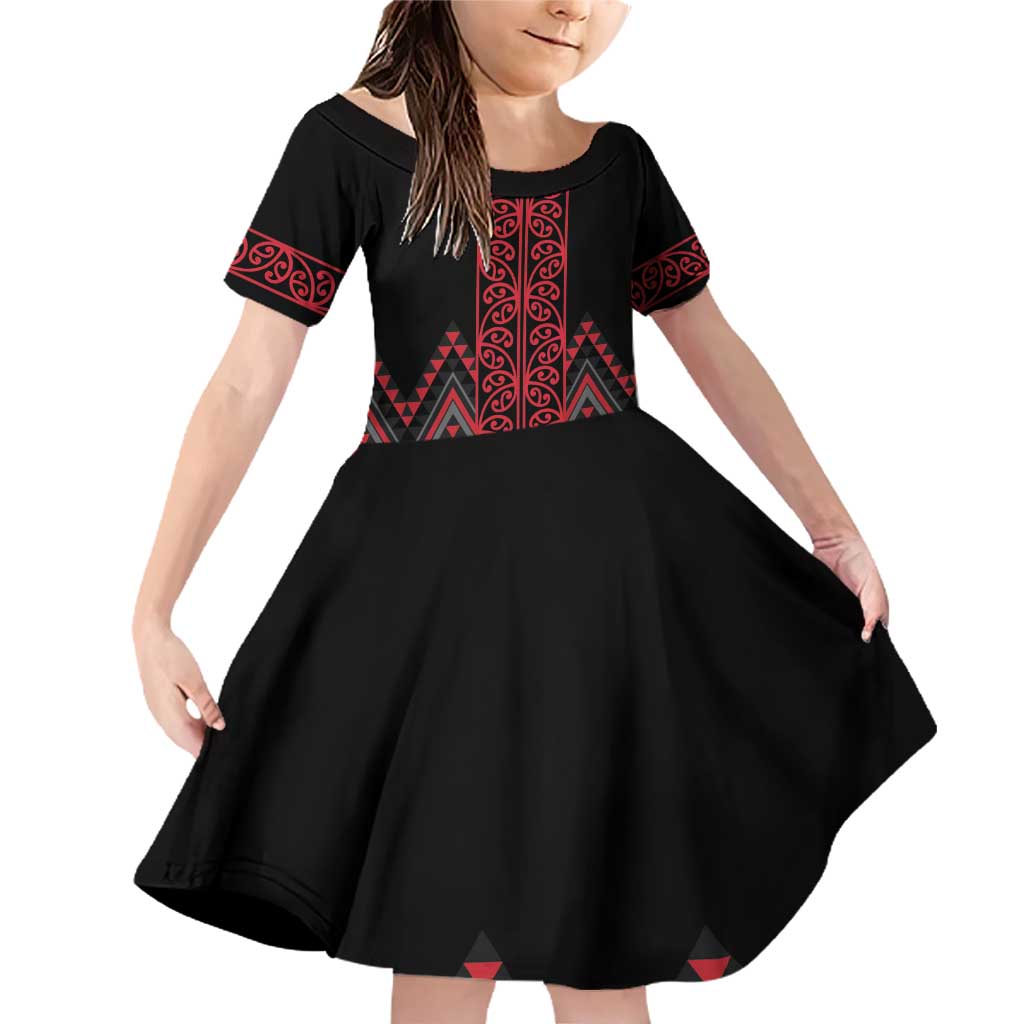 Red Aotearoa Mangopare Kowhaiwhai and Niho Taniwha Family Matching Off Shoulder Short Dress and Hawaiian Shirt Maori New Zealand