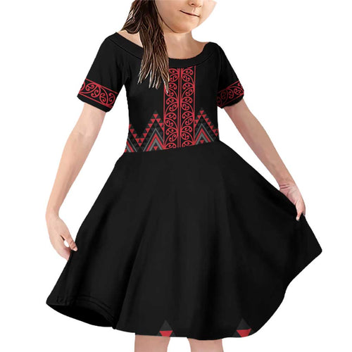 Red Aotearoa Mangopare Kowhaiwhai and Niho Taniwha Family Matching Off Shoulder Short Dress and Hawaiian Shirt Maori New Zealand