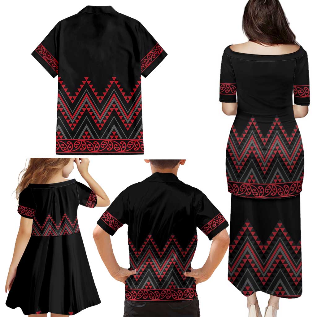 Red Aotearoa Mangopare Kowhaiwhai and Niho Taniwha Family Matching Puletasi and Hawaiian Shirt Maori New Zealand