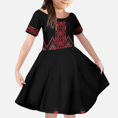 Red Aotearoa Mangopare Kowhaiwhai and Niho Taniwha Family Matching Short Sleeve Bodycon Dress and Hawaiian Shirt Maori New Zealand