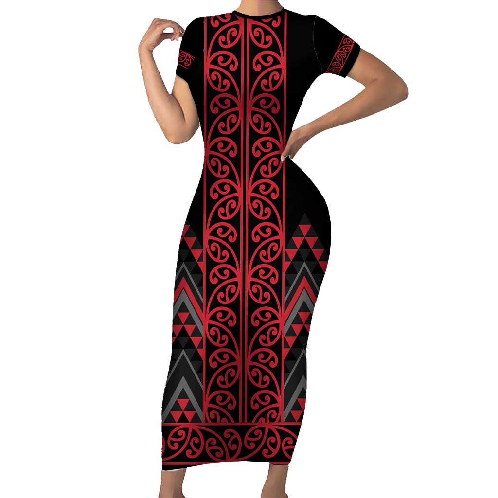 Red Aotearoa Mangopare Kowhaiwhai and Niho Taniwha Family Matching Short Sleeve Bodycon Dress and Hawaiian Shirt Maori New Zealand