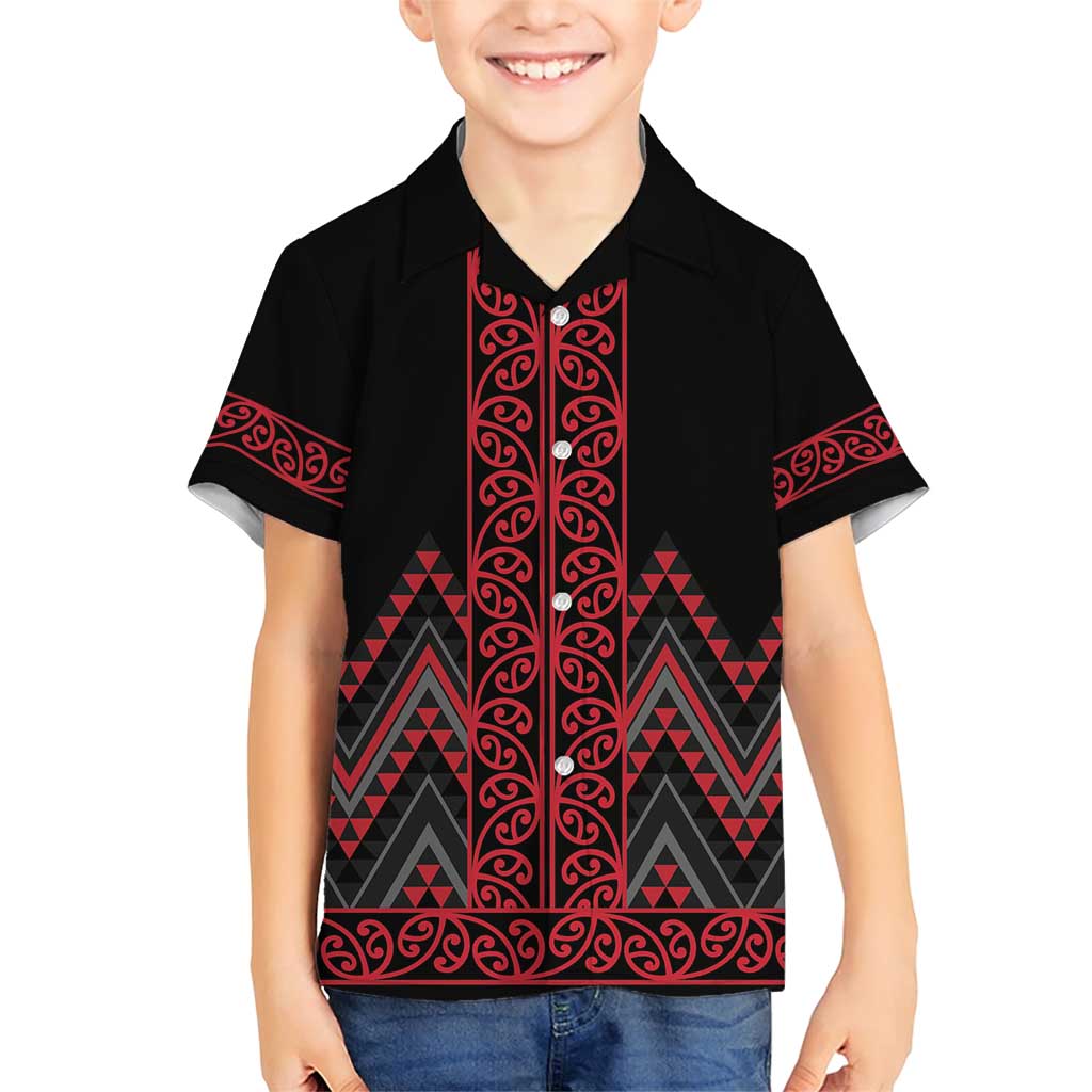 Red Aotearoa Mangopare Kowhaiwhai and Niho Taniwha Family Matching Short Sleeve Bodycon Dress and Hawaiian Shirt Maori New Zealand