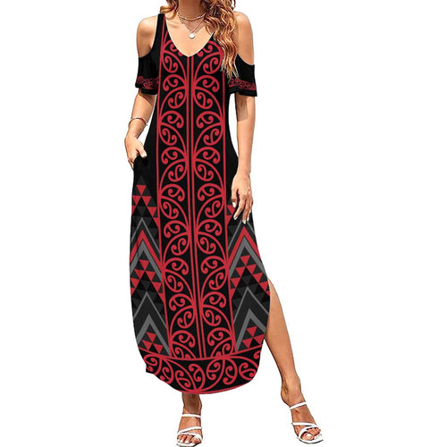 Red Aotearoa Mangopare Kowhaiwhai and Niho Taniwha Family Matching Summer Maxi Dress and Hawaiian Shirt Maori New Zealand
