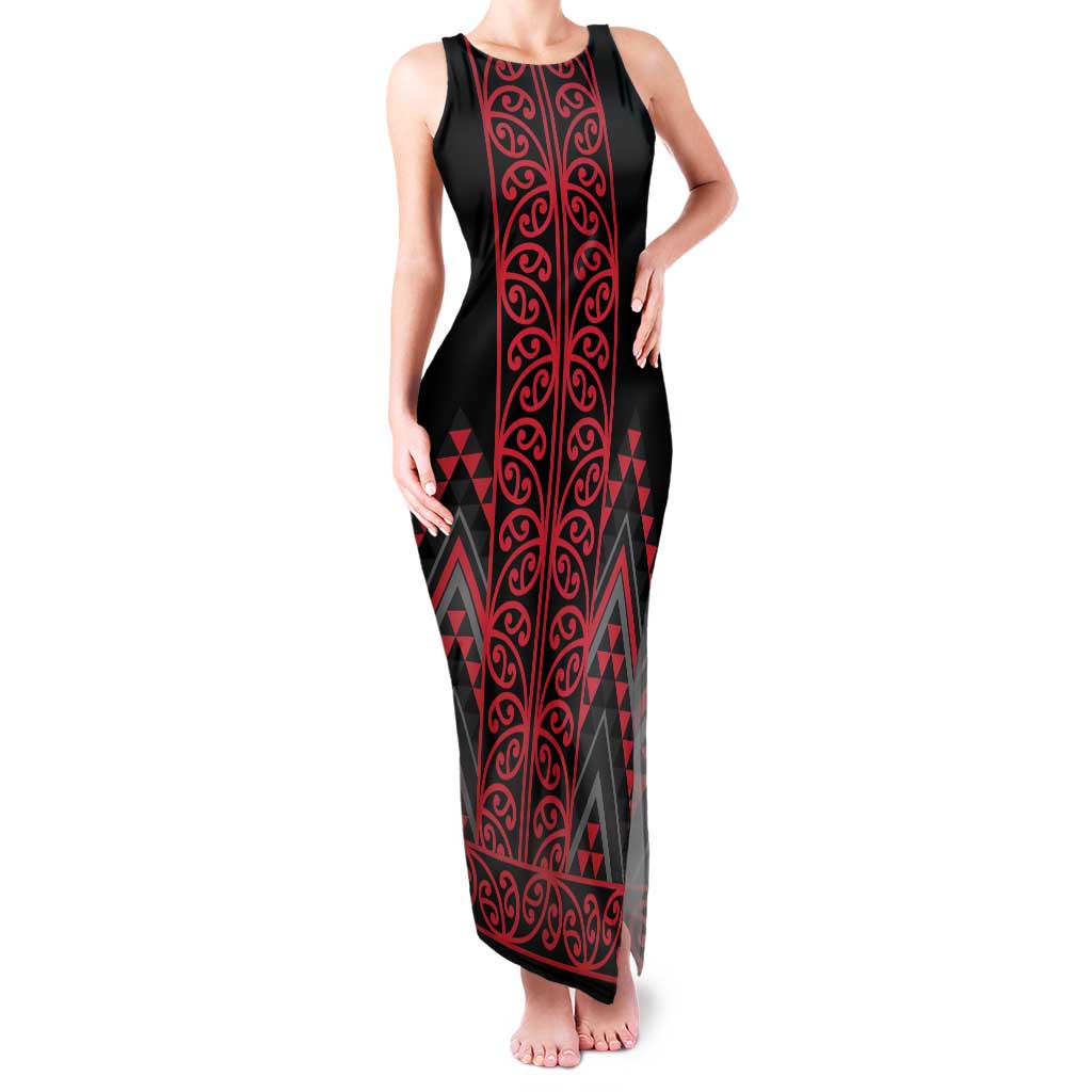 Red Aotearoa Mangopare Kowhaiwhai and Niho Taniwha Family Matching Tank Maxi Dress and Hawaiian Shirt Maori New Zealand