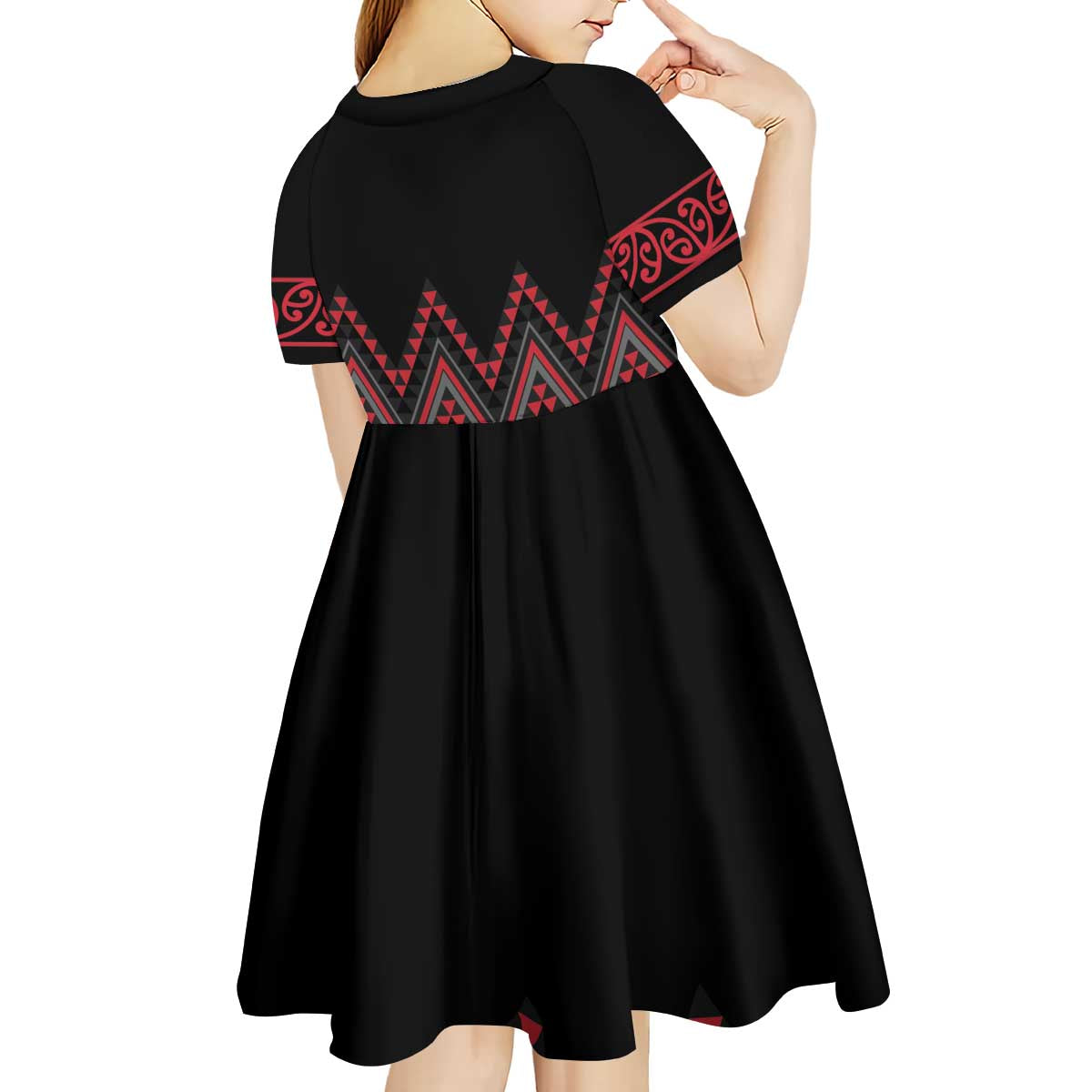 Red Aotearoa Mangopare Kowhaiwhai and Niho Taniwha Kid Short Sleeve Dress Maori New Zealand