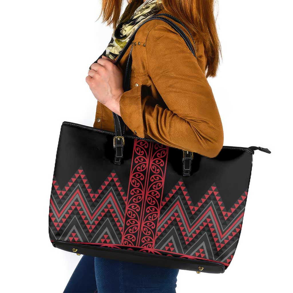 Red Aotearoa Mangopare Kowhaiwhai and Niho Taniwha Leather Tote Bag Maori New Zealand