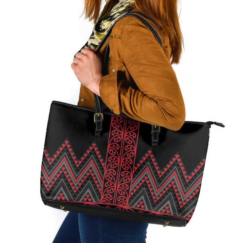 Red Aotearoa Mangopare Kowhaiwhai and Niho Taniwha Leather Tote Bag Maori New Zealand