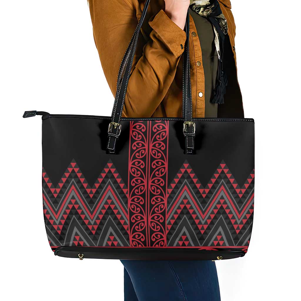 Red Aotearoa Mangopare Kowhaiwhai and Niho Taniwha Leather Tote Bag Maori New Zealand