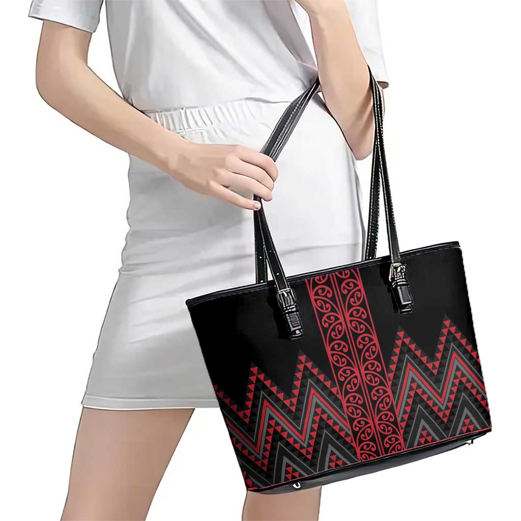 Red Aotearoa Mangopare Kowhaiwhai and Niho Taniwha Leather Tote Bag Maori New Zealand