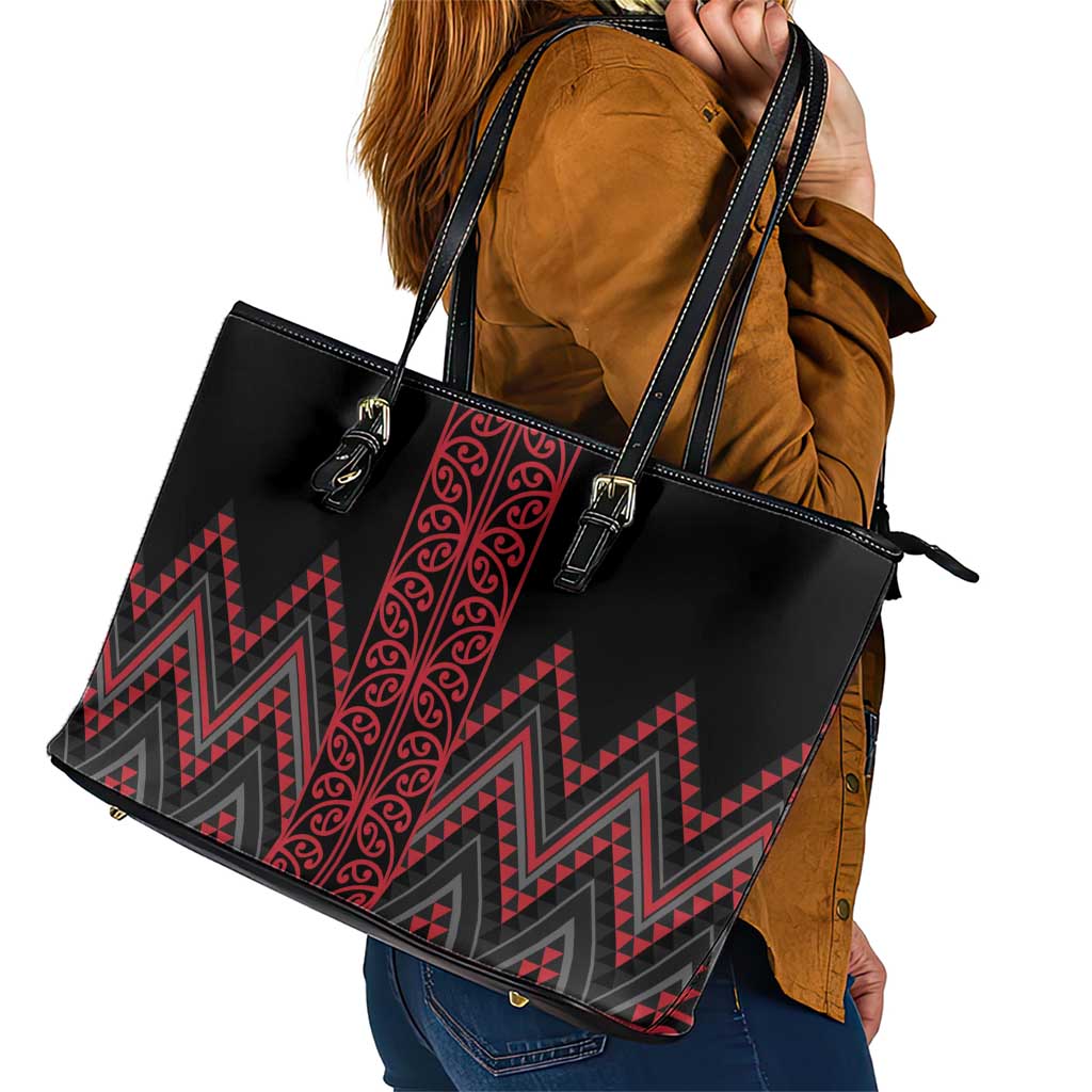 Red Aotearoa Mangopare Kowhaiwhai and Niho Taniwha Leather Tote Bag Maori New Zealand