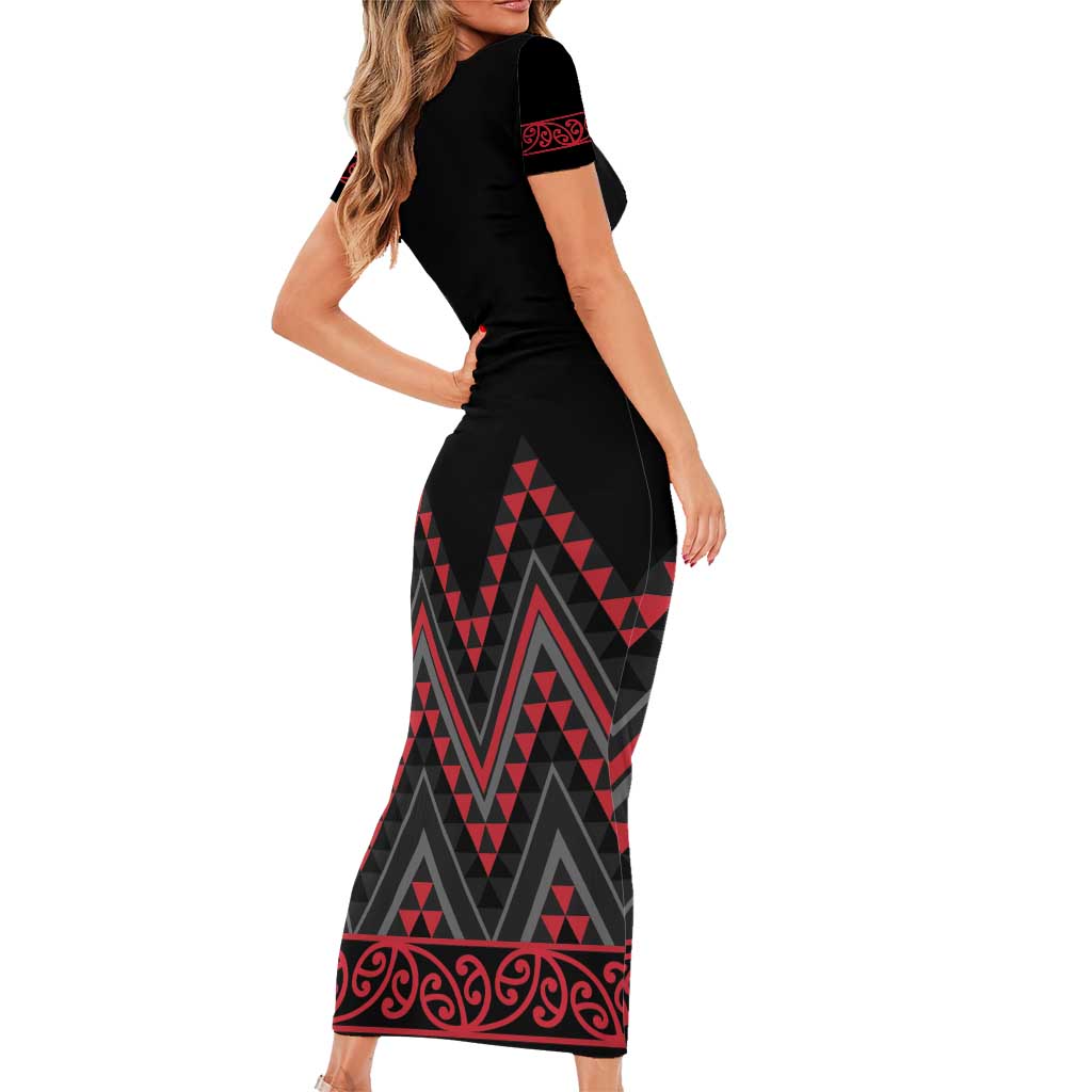 Red Aotearoa Mangopare Kowhaiwhai and Niho Taniwha Short Sleeve Bodycon Dress Maori New Zealand