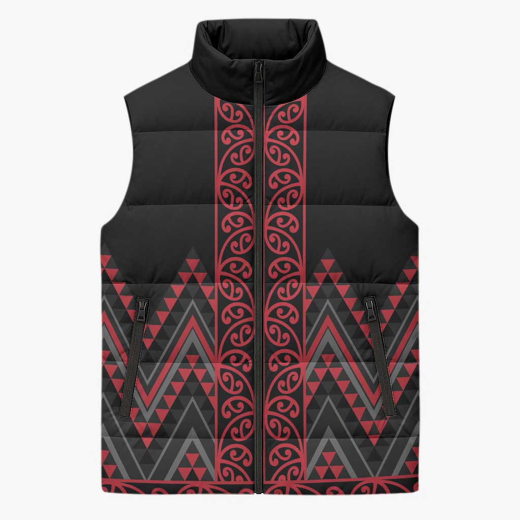 Red Aotearoa Mangopare Kowhaiwhai Niho Taniwha Sleeveless Puffer Jacket Maori New Zealand - Aussie Hoodie