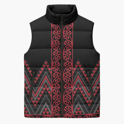 Red Aotearoa Mangopare Kowhaiwhai Niho Taniwha Sleeveless Puffer Jacket Maori New Zealand - Aussie Hoodie