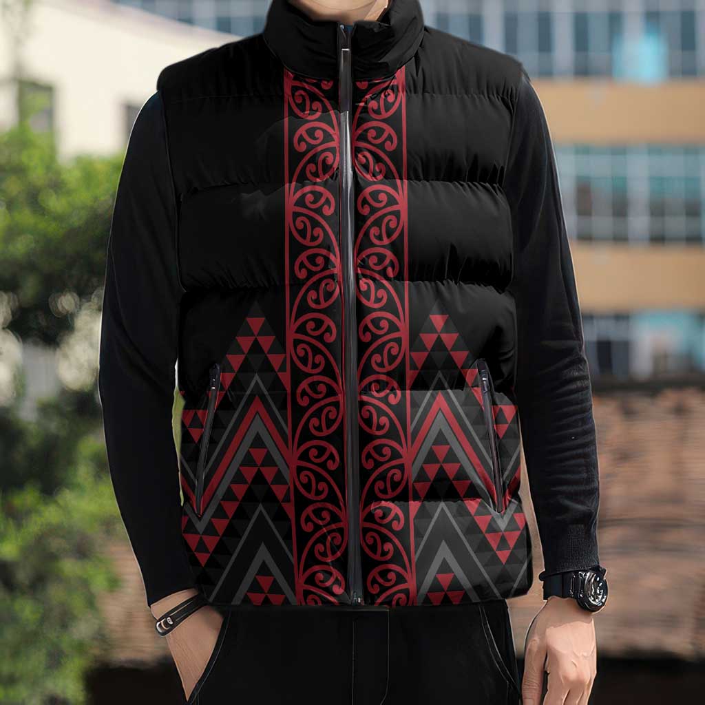 Red Aotearoa Mangopare Kowhaiwhai Niho Taniwha Sleeveless Puffer Jacket Maori New Zealand - Aussie Hoodie